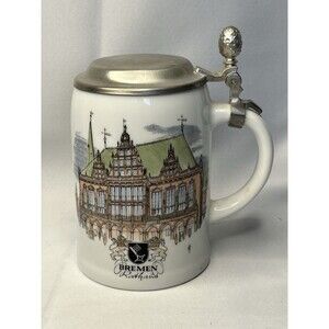 Vintage German Ceramic Beer Stien Bremen Rathaus Pewter Lid Made in Germany
